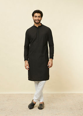 alt message - Manyavar Men Midnight Black Chikankari Kurta Set image number 2