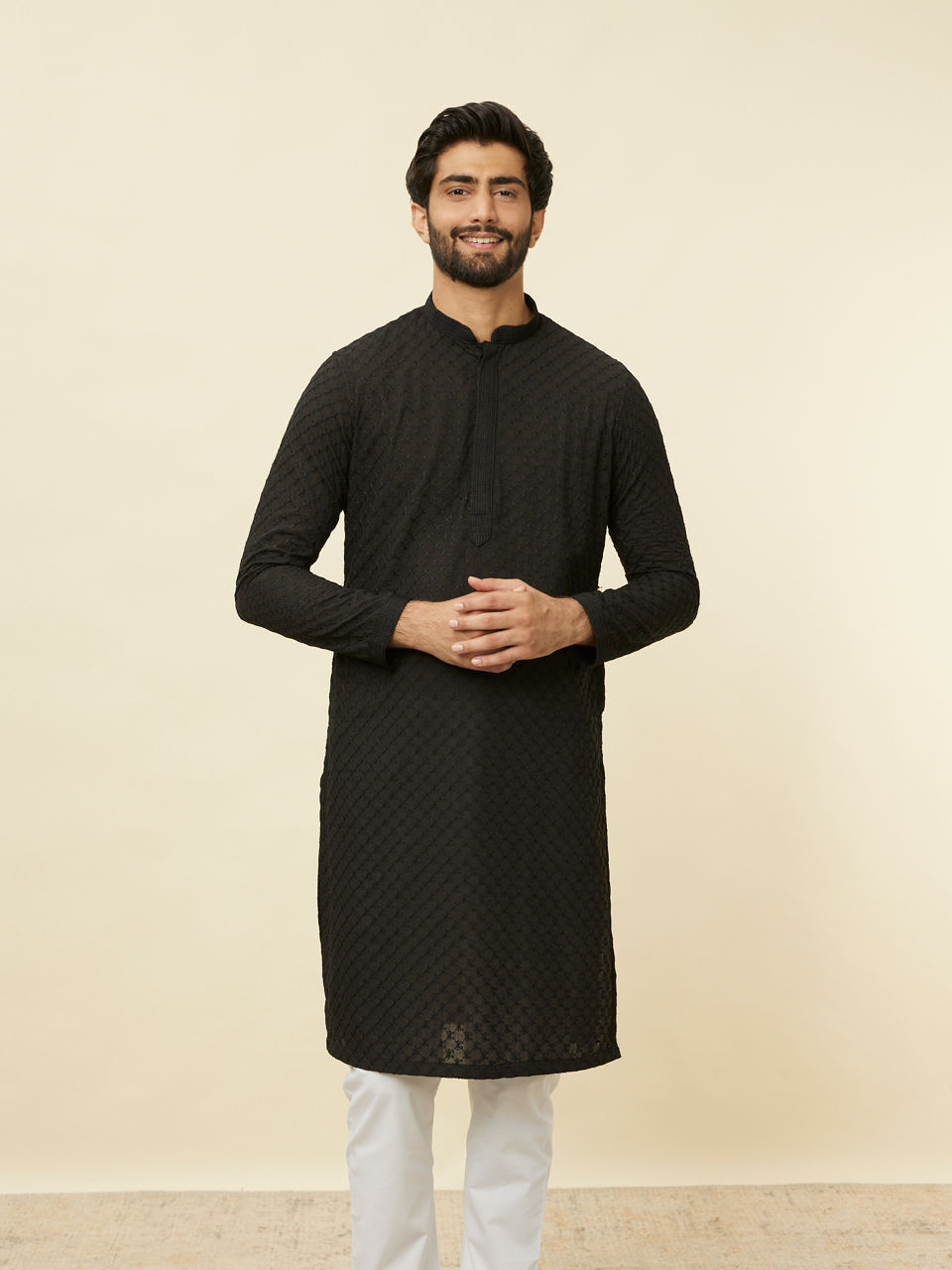 Manyavar Men Midnight Black Chikankari Kurta Set