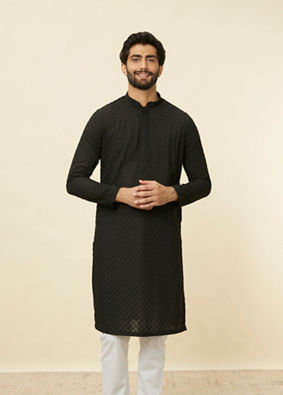 alt message - Manyavar Men Midnight Black Chikankari Kurta Set image number 0