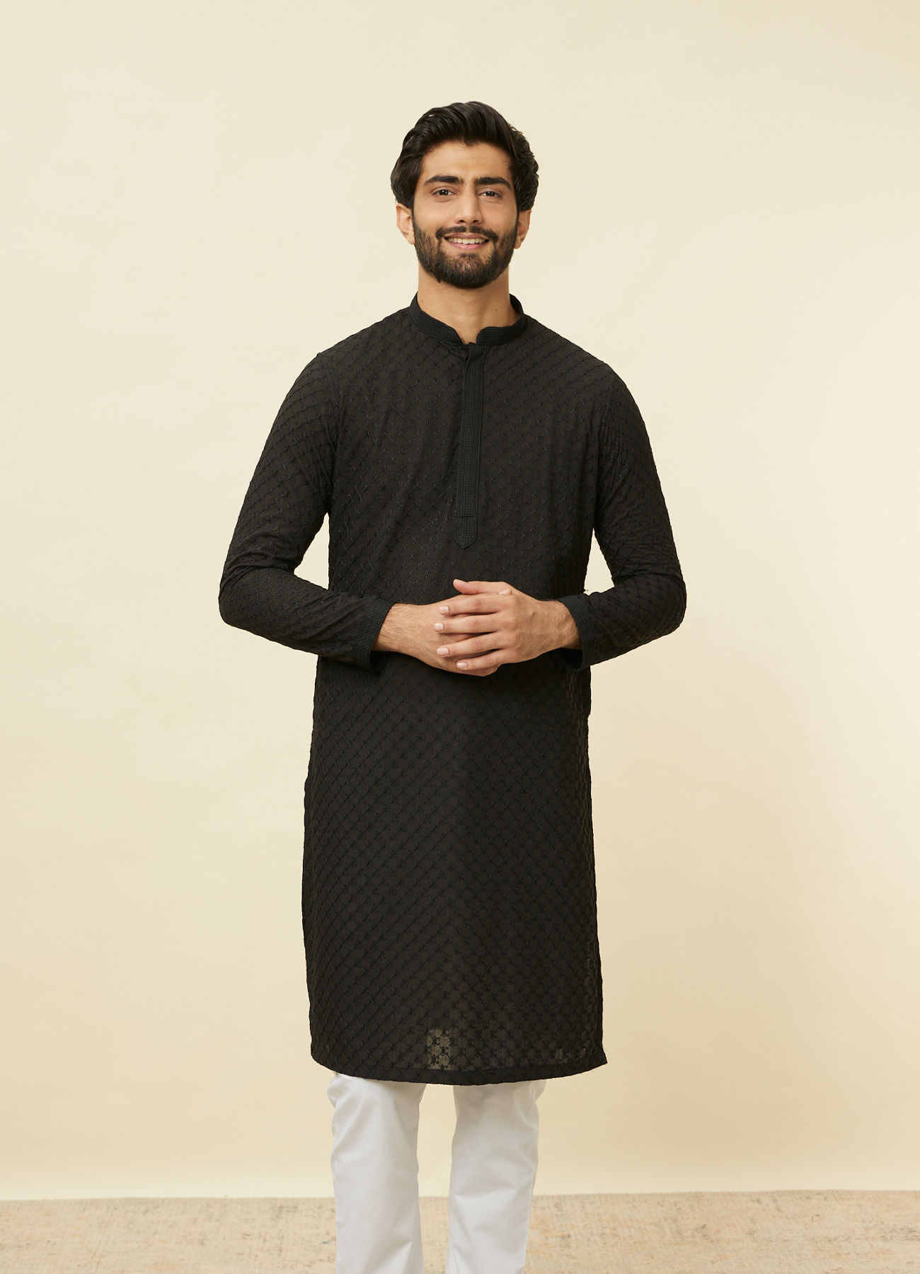 Manyavar Men Midnight Black Chikankari Kurta Set