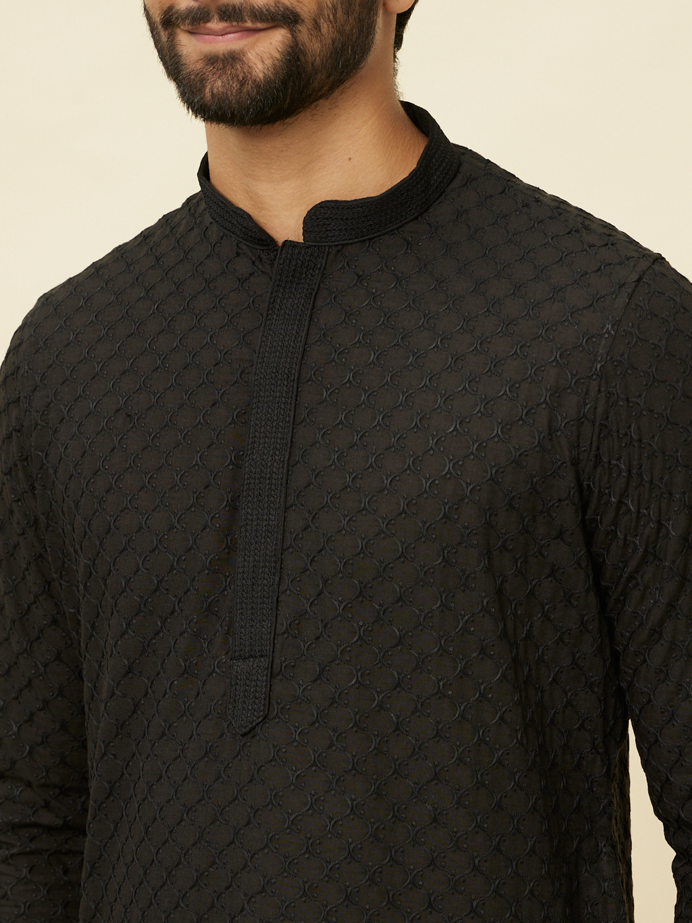 Manyavar Men Midnight Black Chikankari Kurta Set