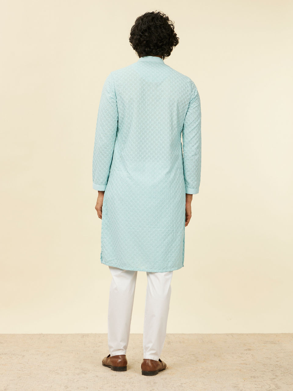 Manyavar Men Light Blue Grid Patterned Chikankari Kurta Set