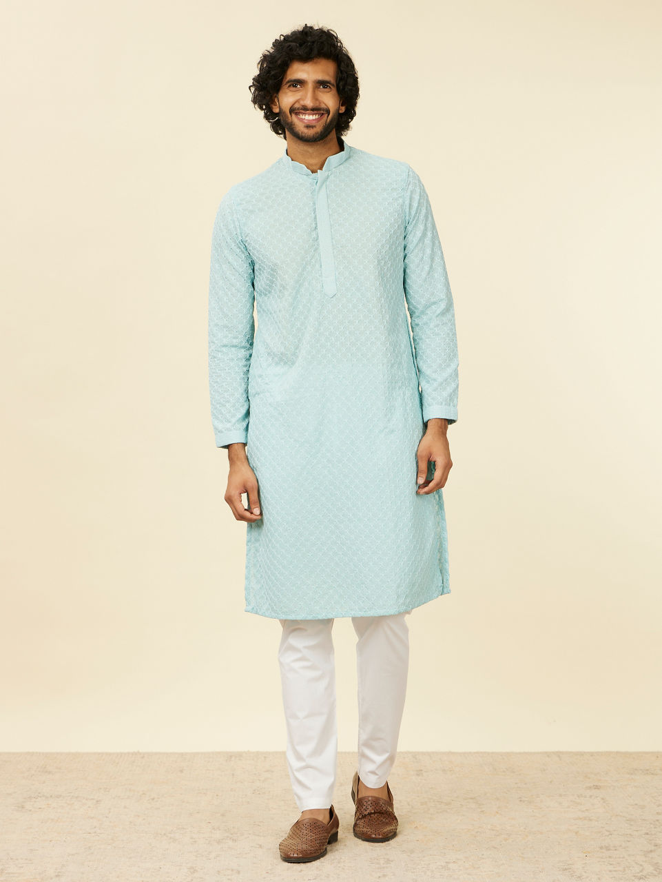 Manyavar Men Light Blue Grid Patterned Chikankari Kurta Set