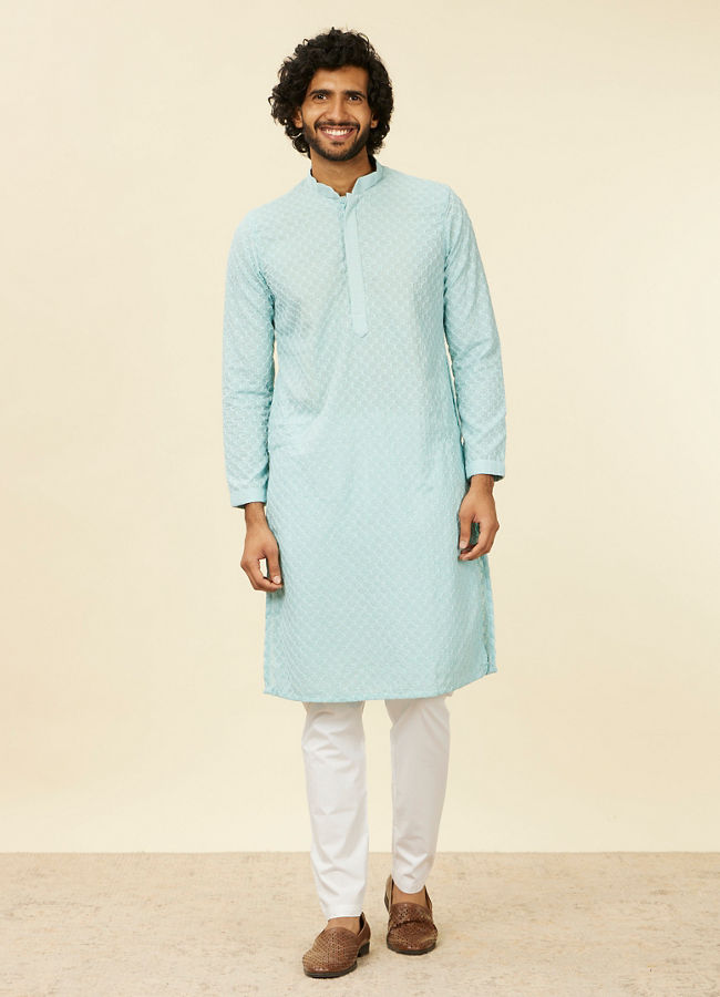 alt message - Manyavar Men Light Blue Grid Patterned Chikankari Kurta Set image number 2