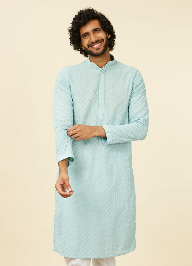 alt message - Manyavar Men Light Blue Grid Patterned Chikankari Kurta Set image number 0