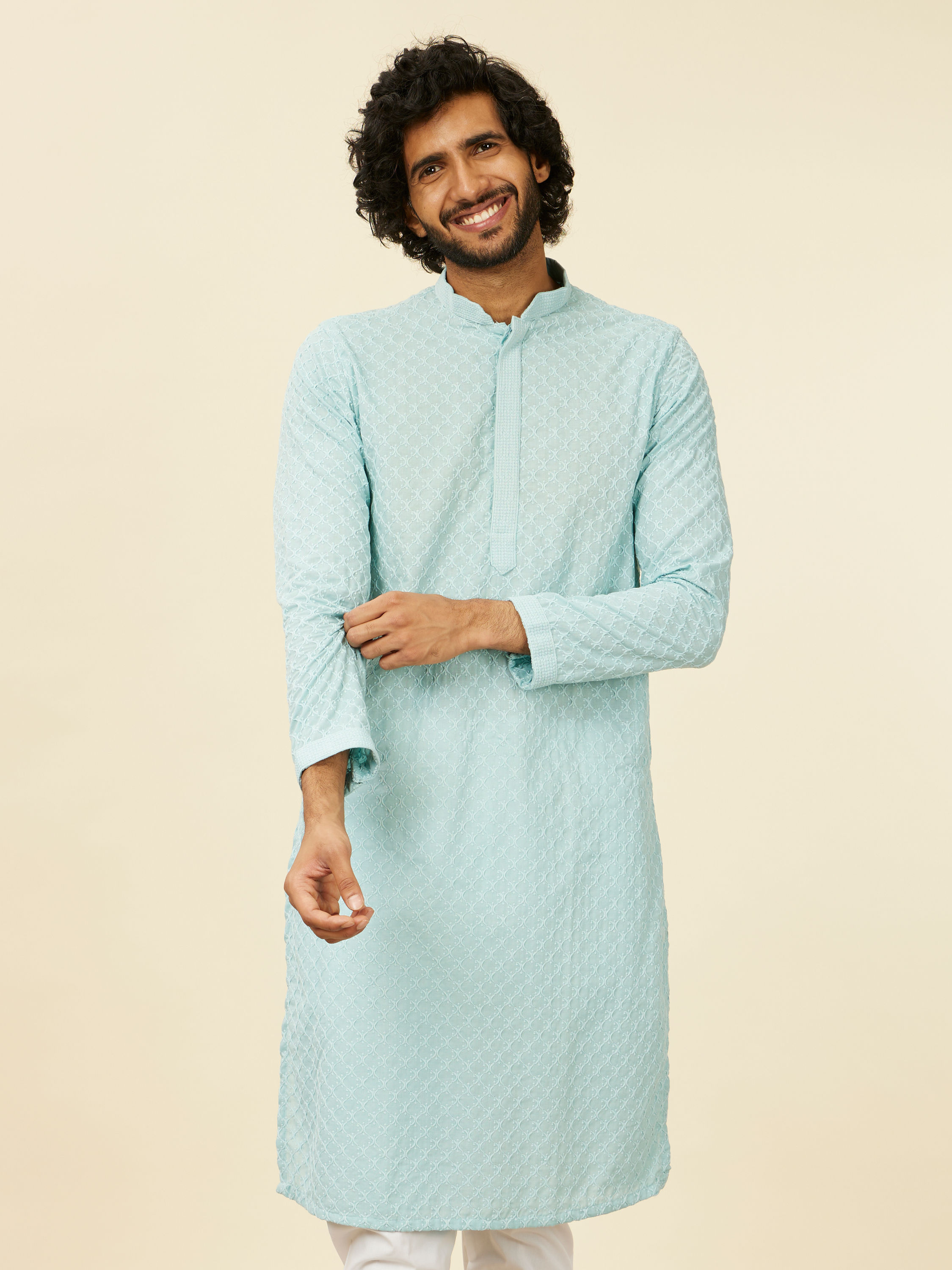 Manyavar Men Light Blue Grid Patterned Chikankari Kurta Set