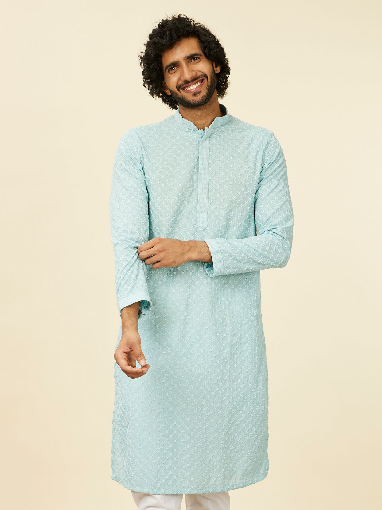 alt message - Manyavar Men Light Blue Grid Patterned Chikankari Kurta Set image number 0