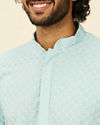 alt message - Manyavar Men Light Blue Grid Patterned Chikankari Kurta Set image number 1