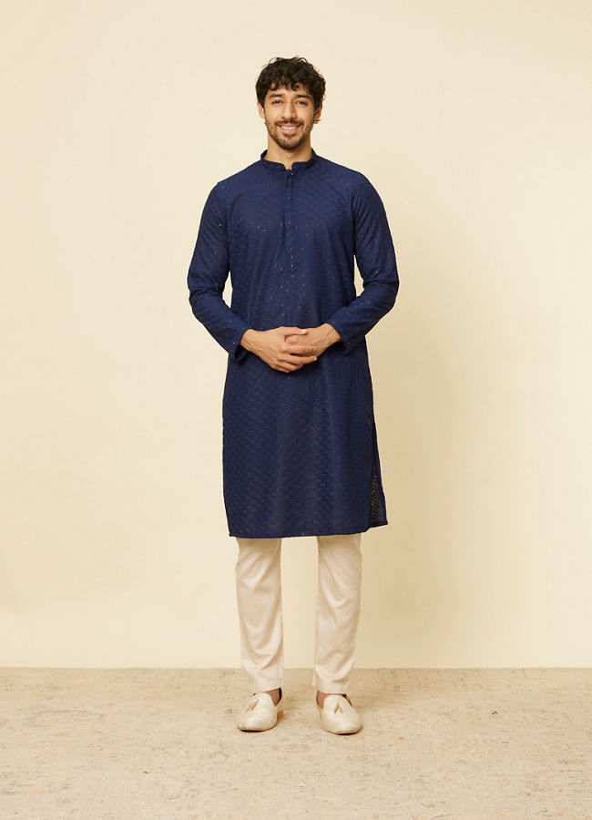 Manyavar Men Dark Blue Chikankari Kurta Set