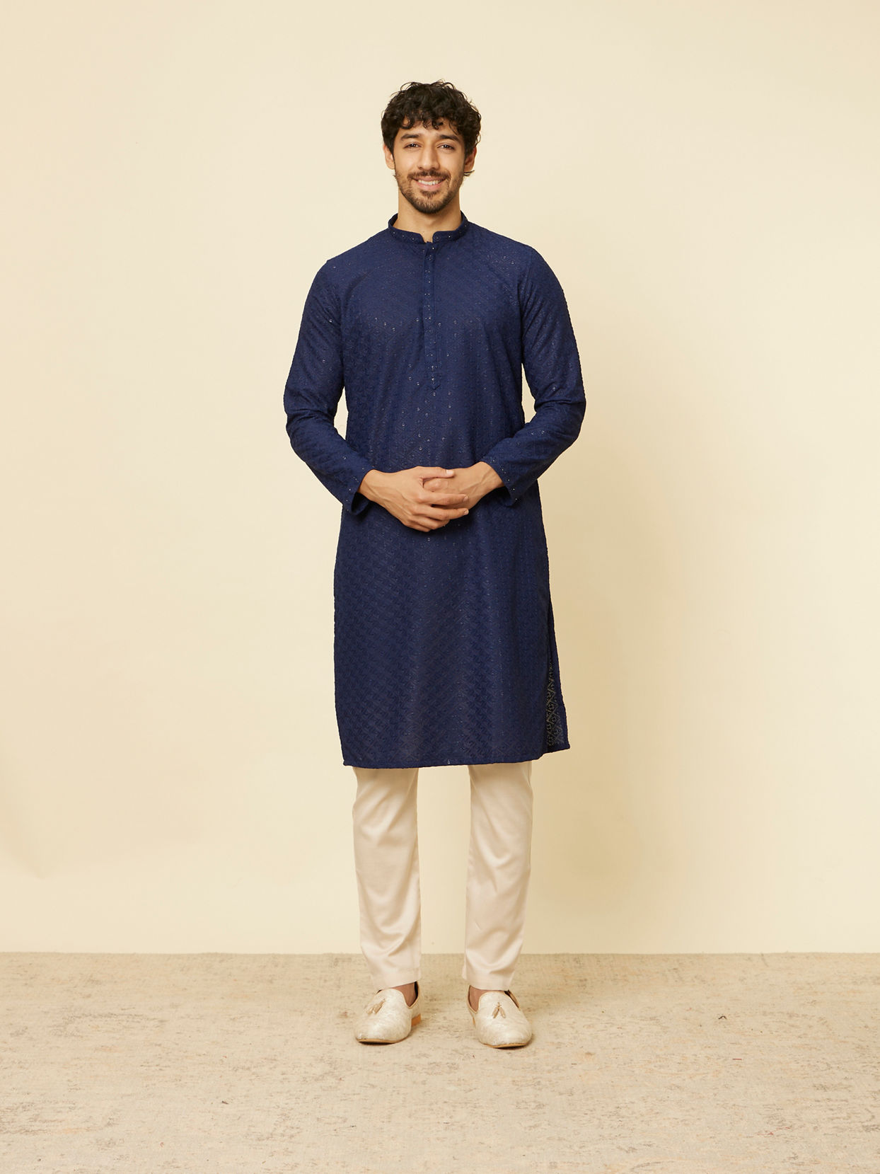 Manyavar Men Dark Blue Chikankari Kurta Set
