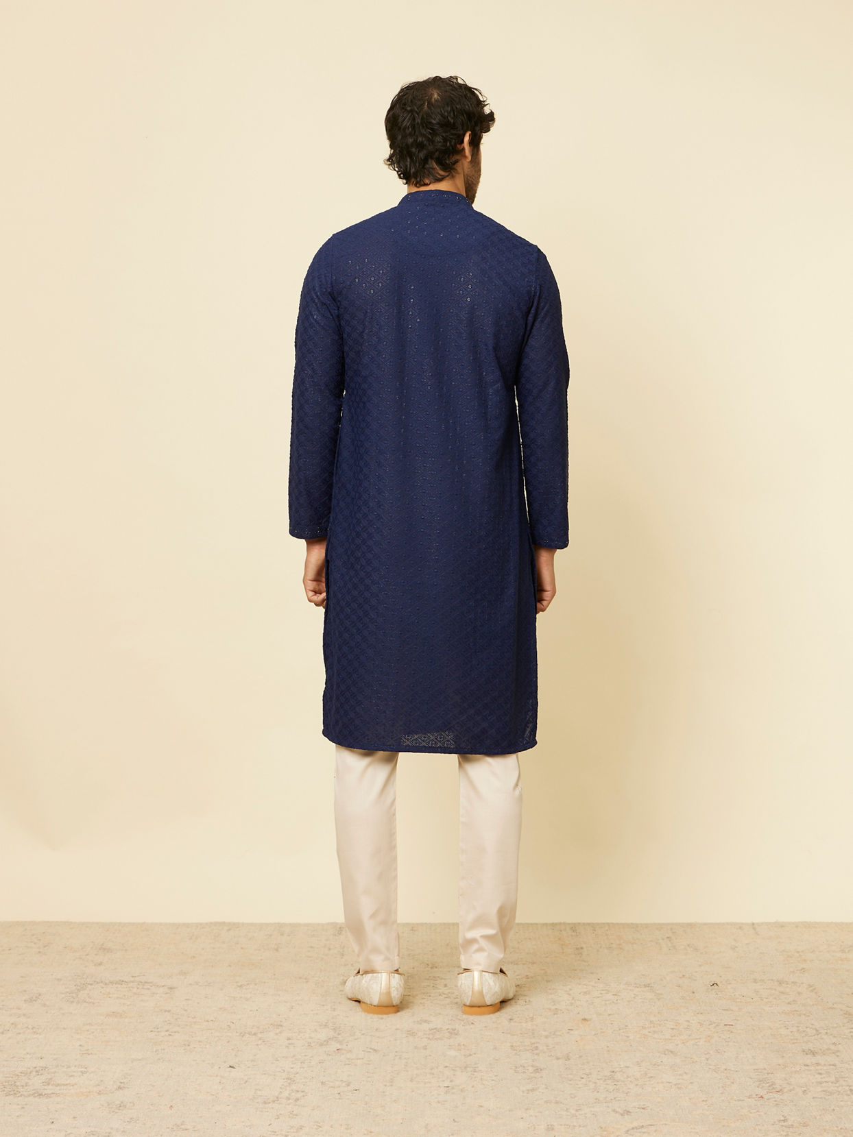Manyavar Men Dark Blue Chikankari Kurta Set