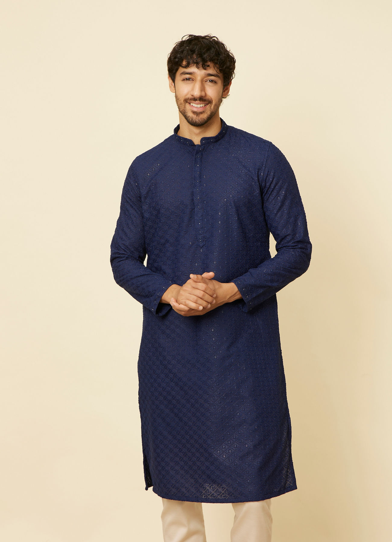 Manyavar Men Dark Blue Chikankari Kurta Set