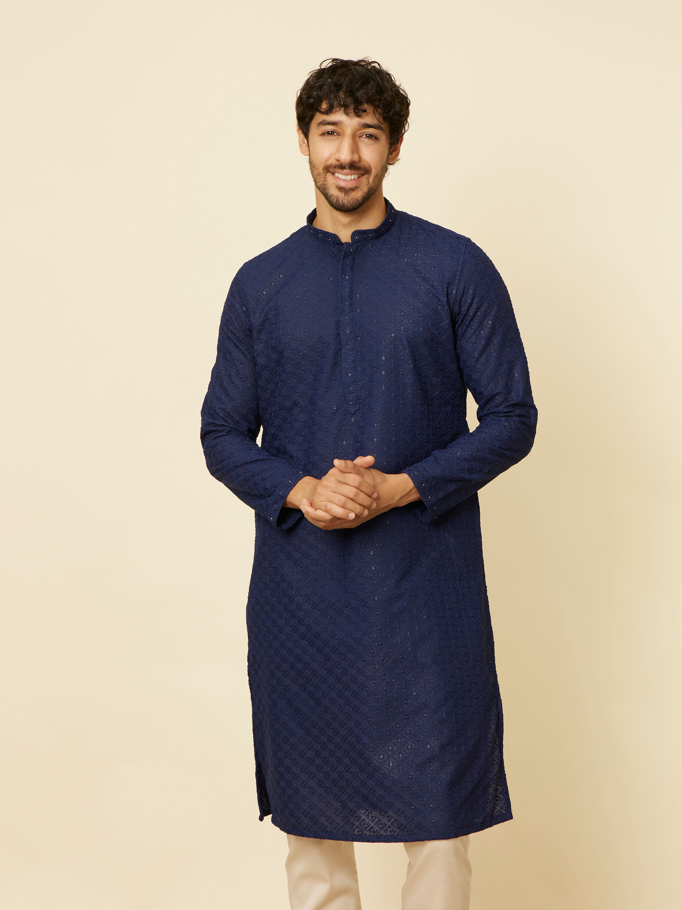 Manyavar Men Dark Blue Chikankari Kurta Set
