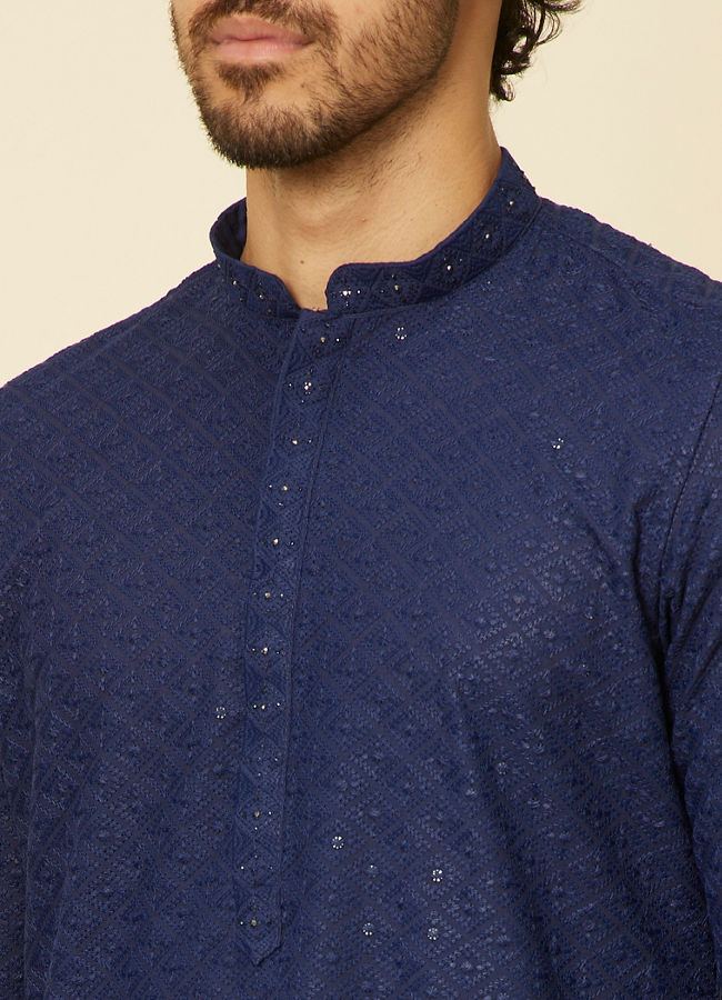 Manyavar Men Dark Blue Chikankari Kurta Set