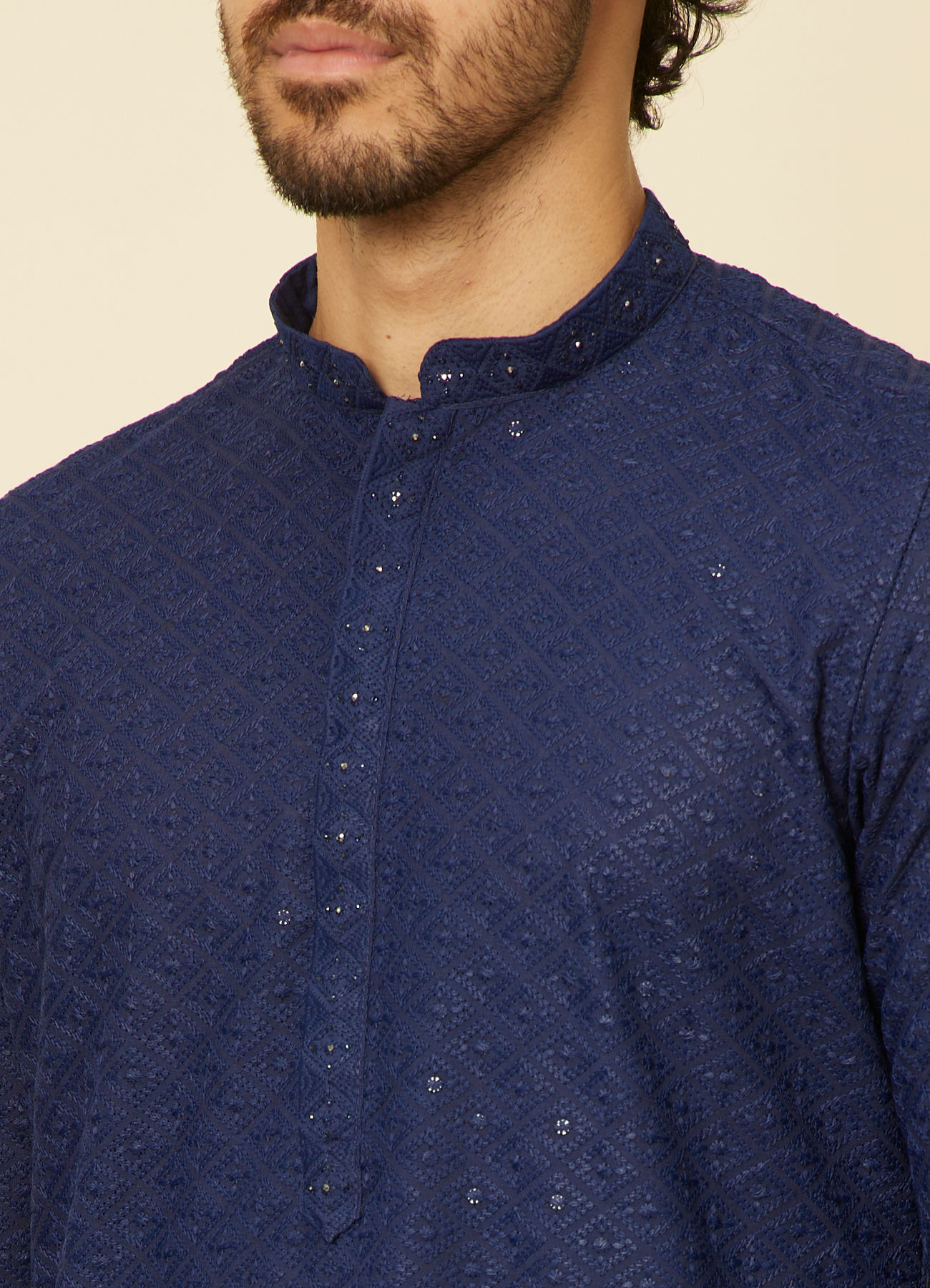 Manyavar Men Dark Blue Chikankari Kurta Set