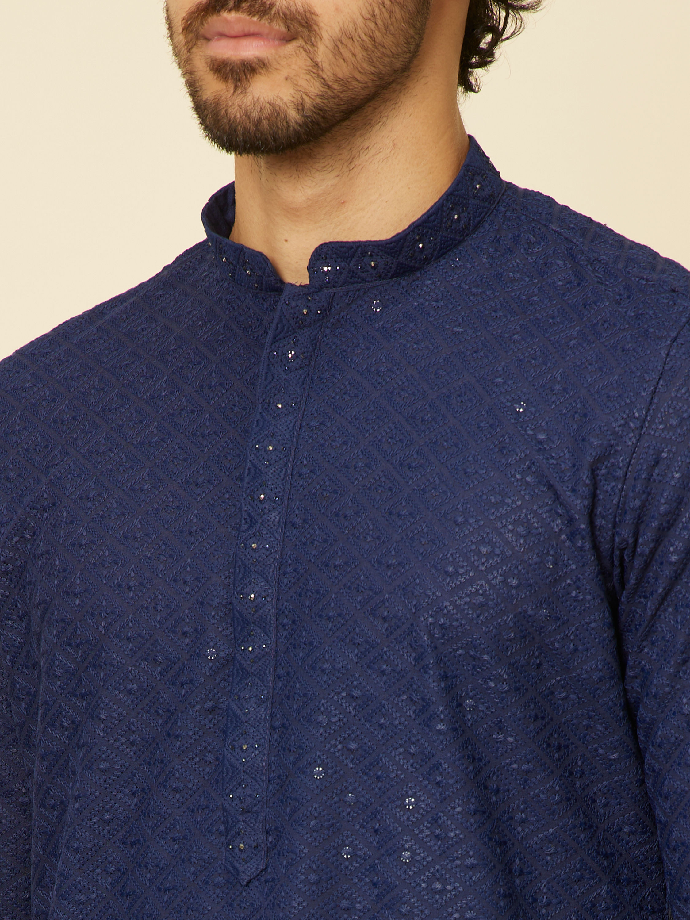 Manyavar Men Dark Blue Chikankari Kurta Set