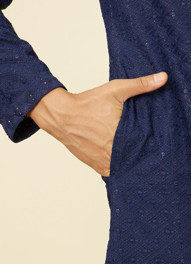 Manyavar Men Dark Blue Chikankari Kurta Set