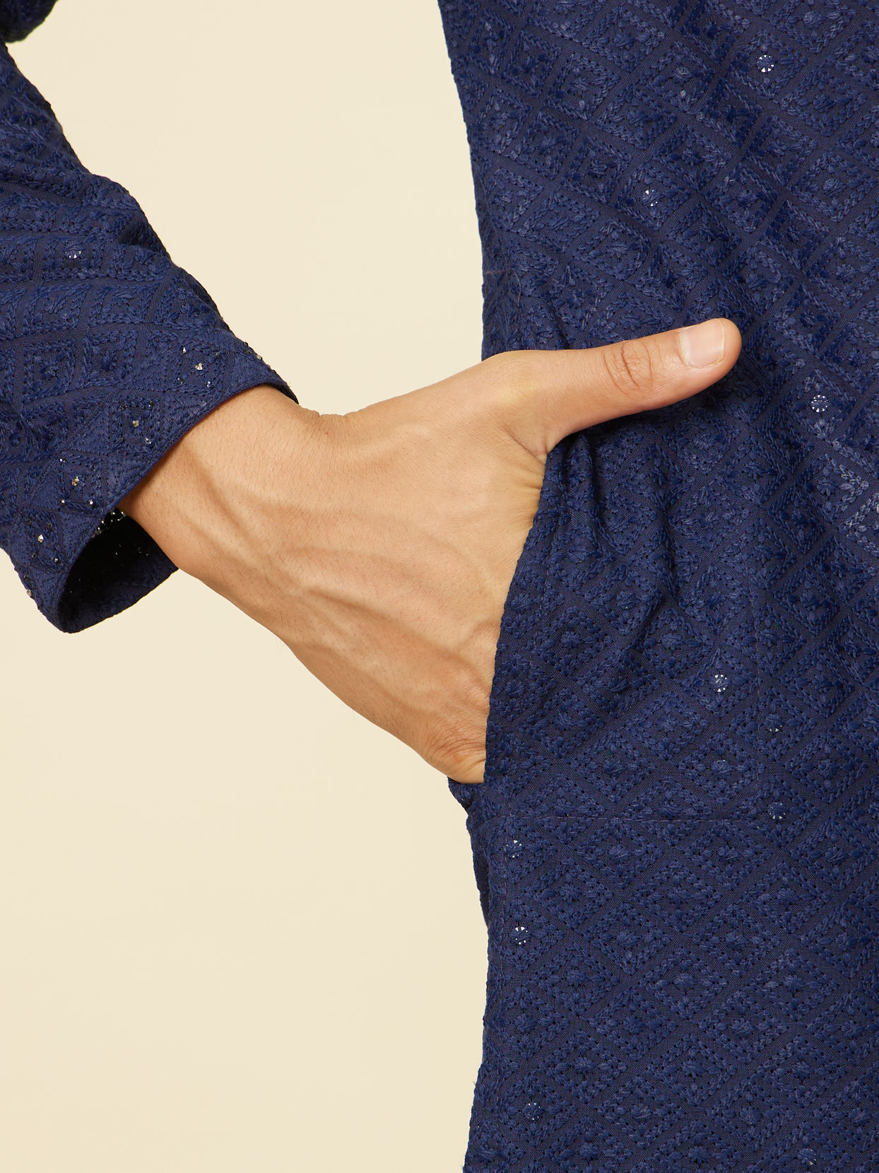 Manyavar Men Dark Blue Chikankari Kurta Set