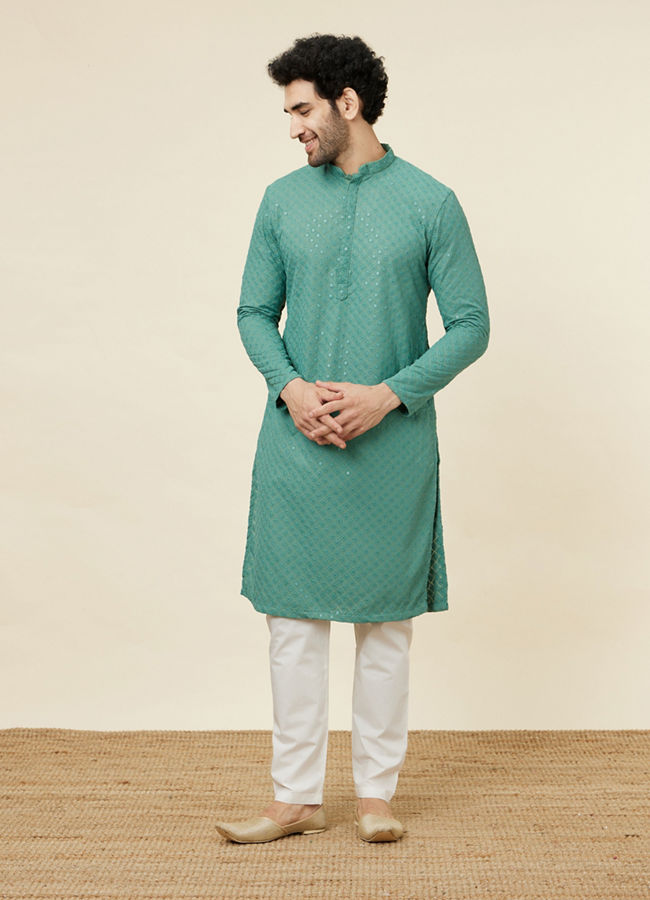 alt message - Manyavar Men Sea Green Sequin Embellished Chikankari Kurta Set image number 2