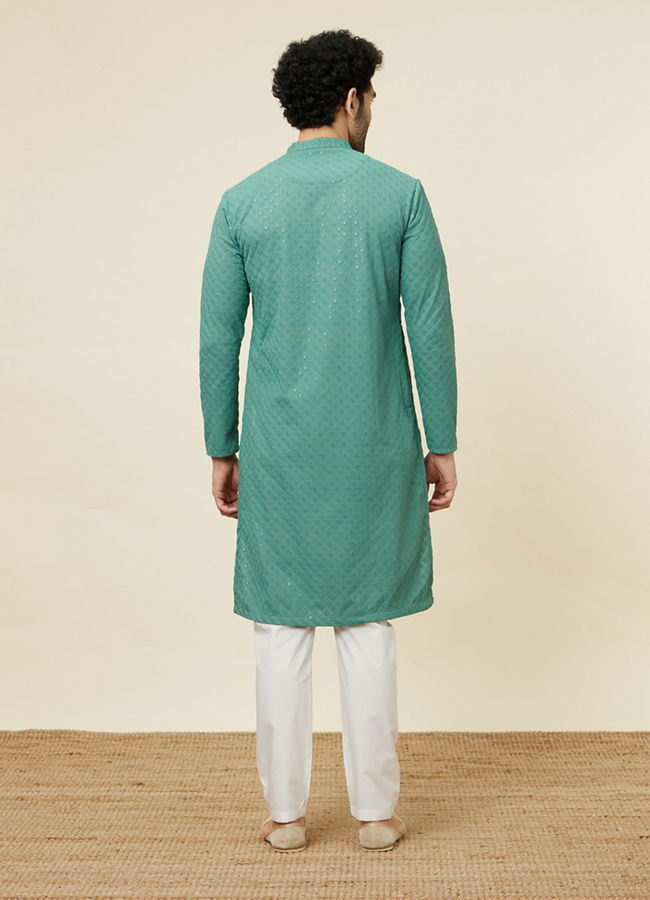 alt message - Manyavar Men Sea Green Sequin Embellished Chikankari Kurta Set image number 5