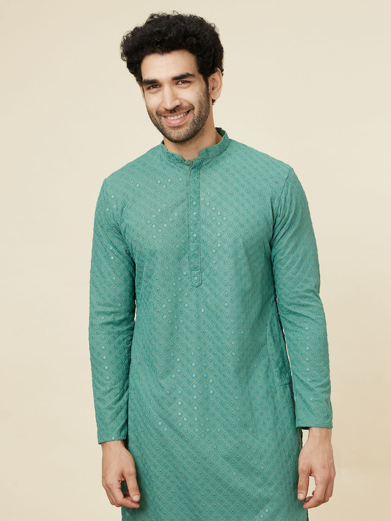 Manyavar Men Sea Green Sequin Embellished Chikankari Kurta Set
