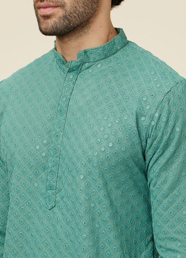 Manyavar Men Sea Green Sequin Embellished Chikankari Kurta Set