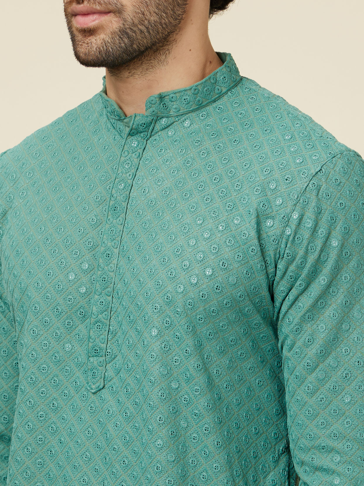 Manyavar Men Sea Green Sequin Embellished Chikankari Kurta Set