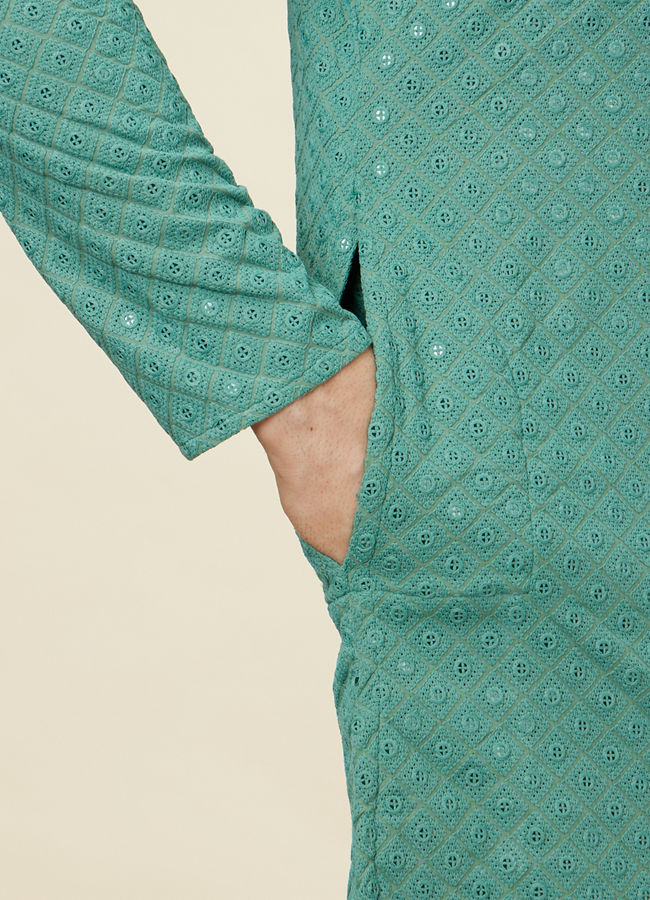 alt message - Manyavar Men Sea Green Sequin Embellished Chikankari Kurta Set image number 3