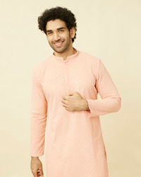 Manyavar Men Peach Diamond Patterned Chikankari Embroidered Kurta Set