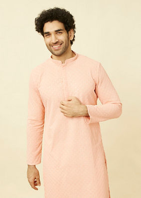 Manyavar Men Peach Diamond Patterned Chikankari Embroidered Kurta Set