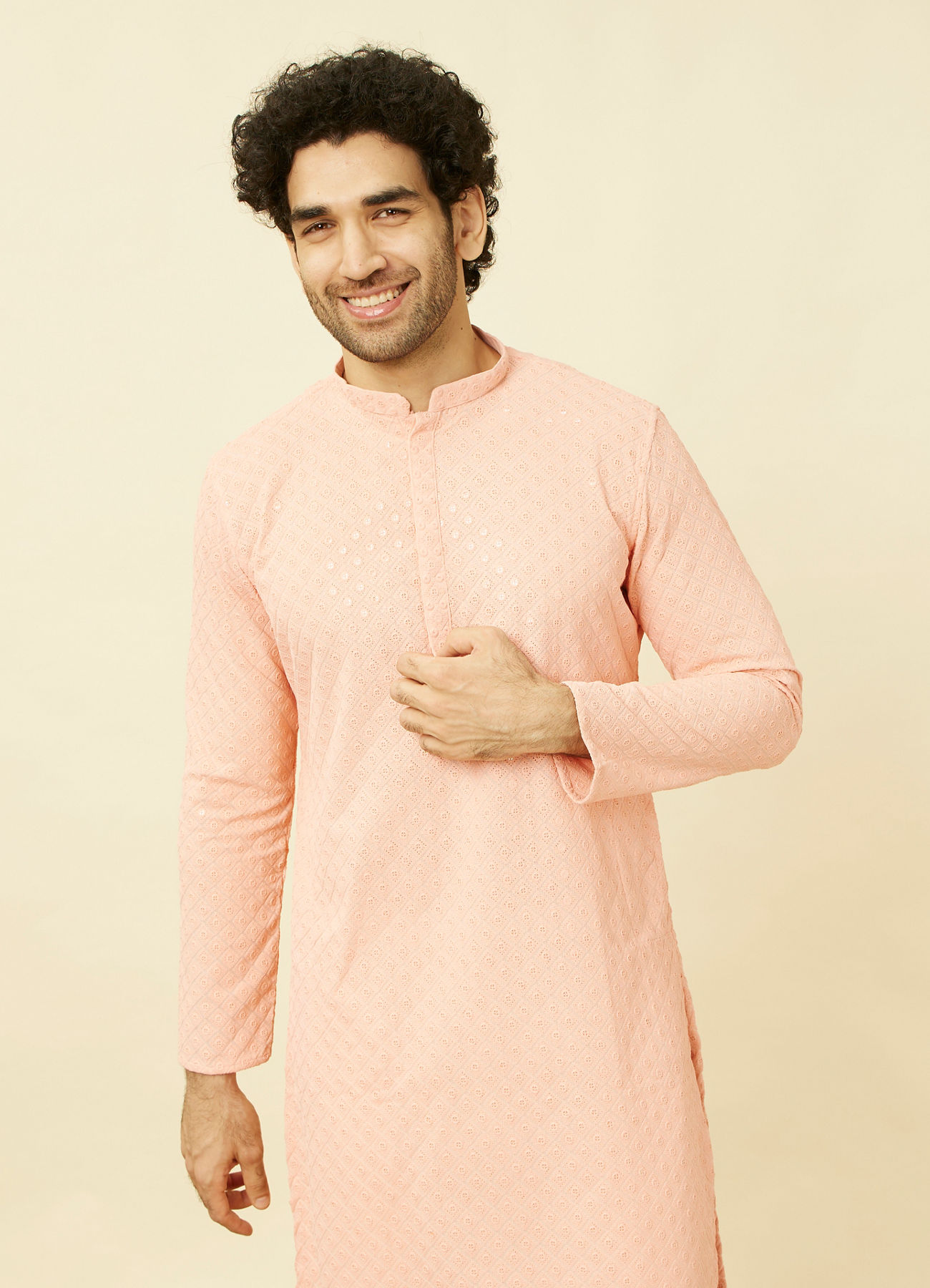 Manyavar Men Peach Diamond Patterned Chikankari Embroidered Kurta Set