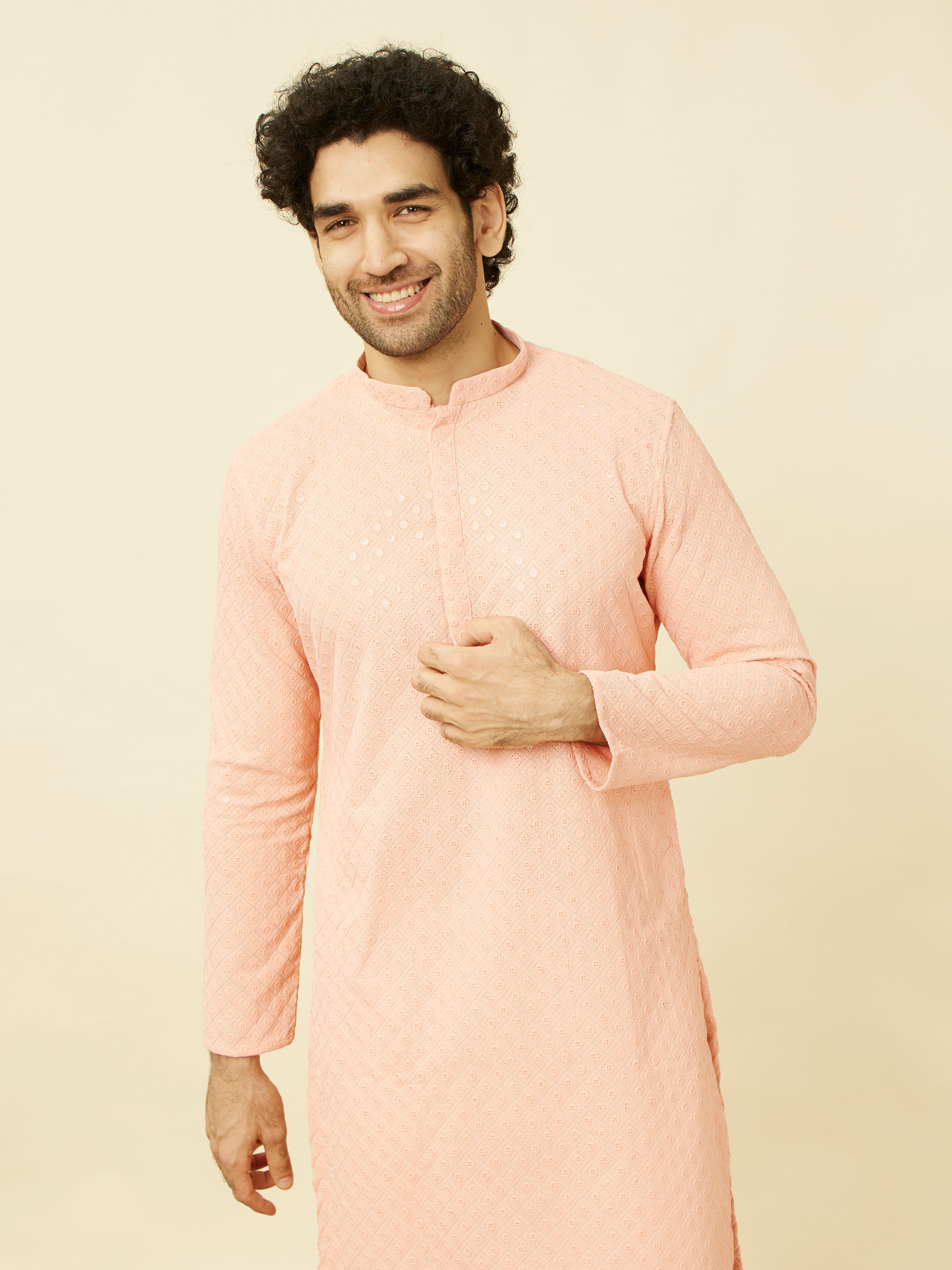 Manyavar Men Peach Diamond Patterned Chikankari Embroidered Kurta Set