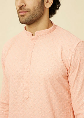 Manyavar Men Peach Diamond Patterned Chikankari Embroidered Kurta Set