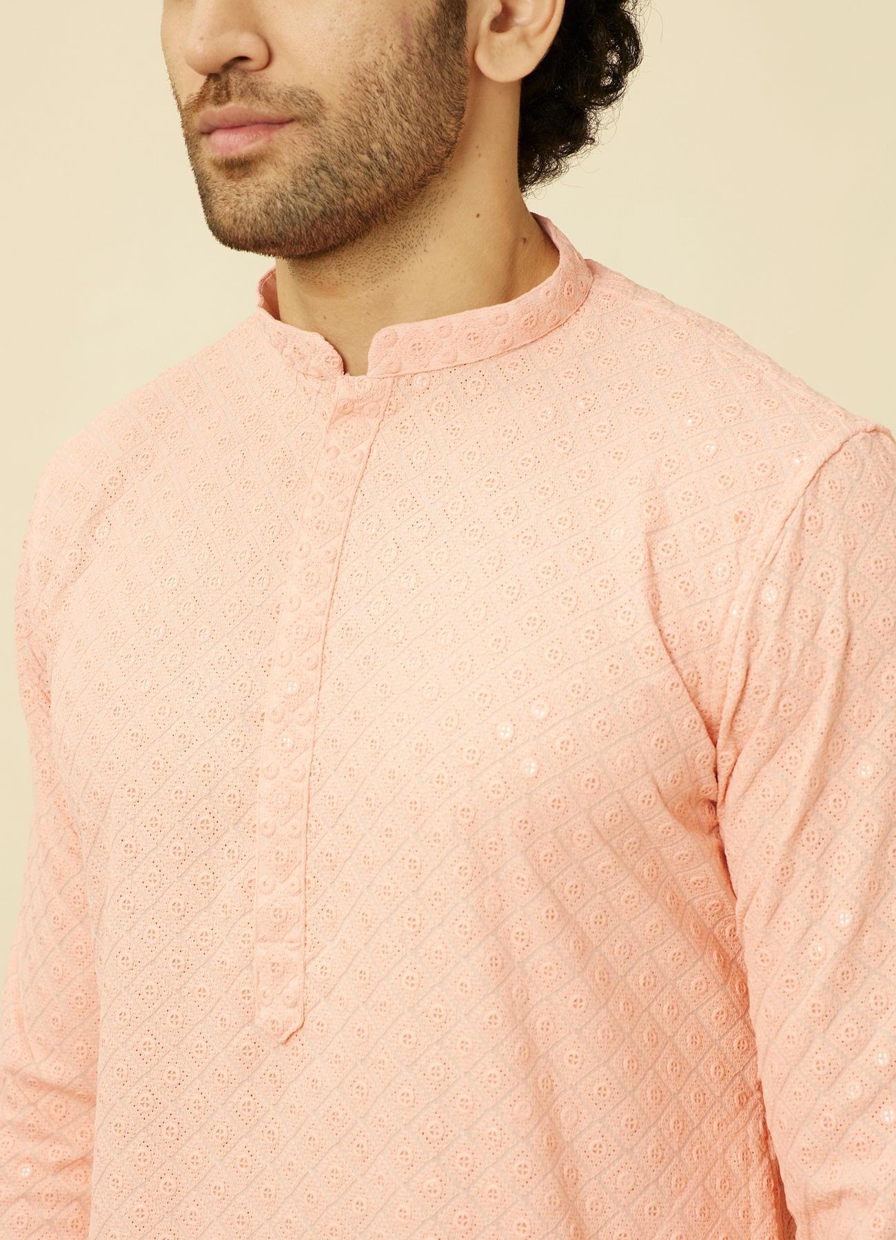 Manyavar Men Peach Diamond Patterned Chikankari Embroidered Kurta Set