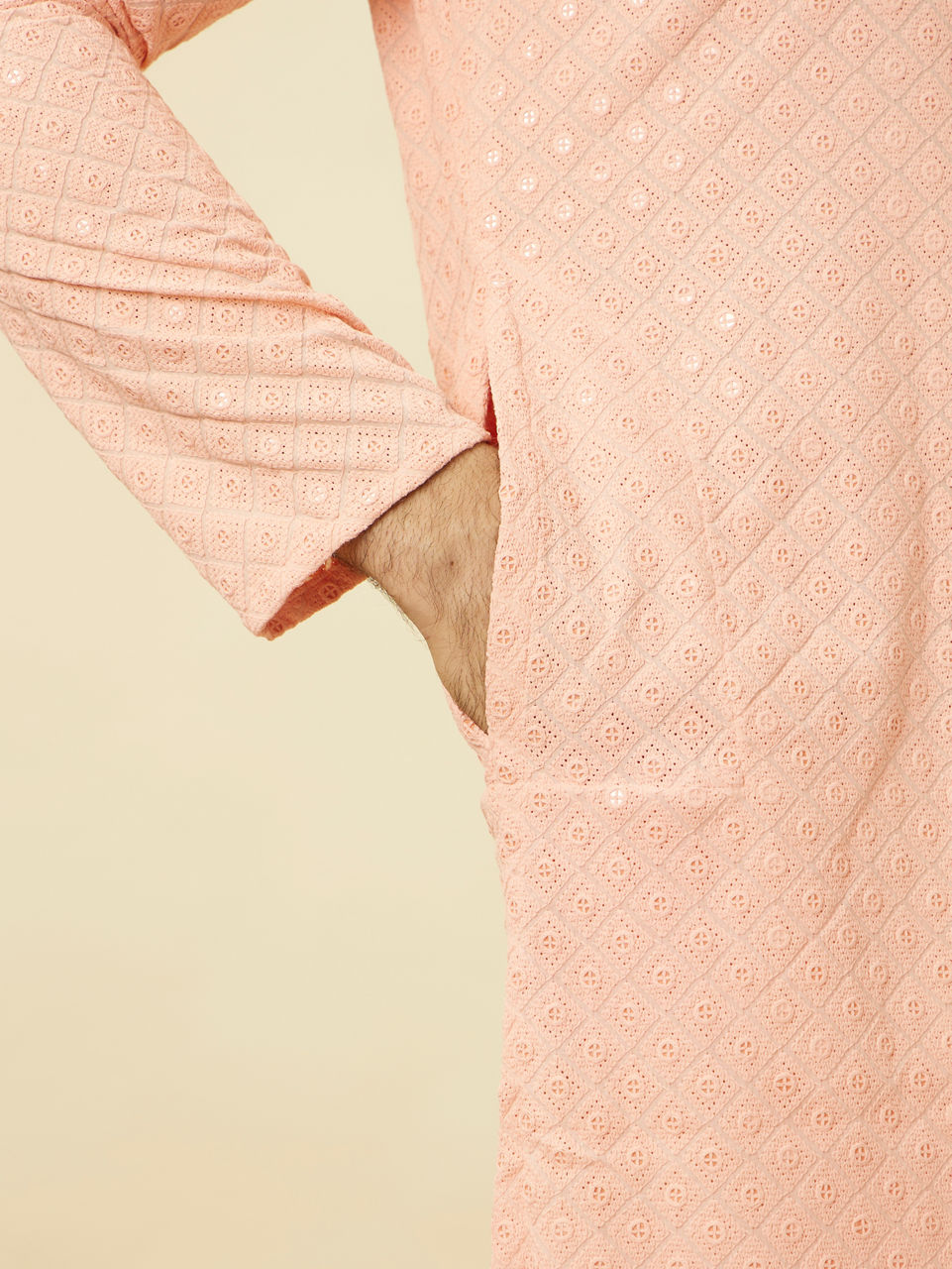 Manyavar Men Peach Diamond Patterned Chikankari Embroidered Kurta Set