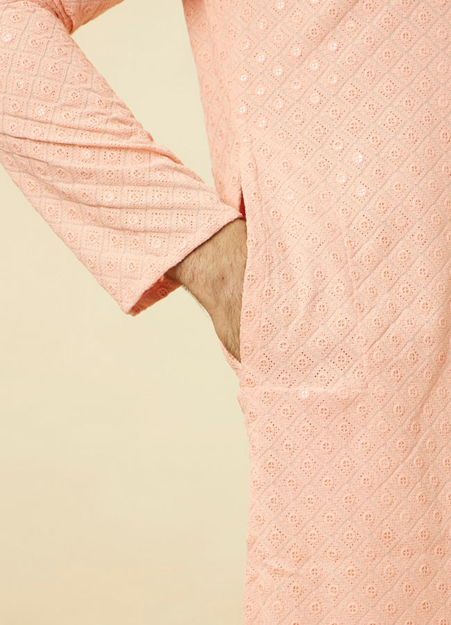Manyavar Men Peach Diamond Patterned Chikankari Embroidered Kurta Set