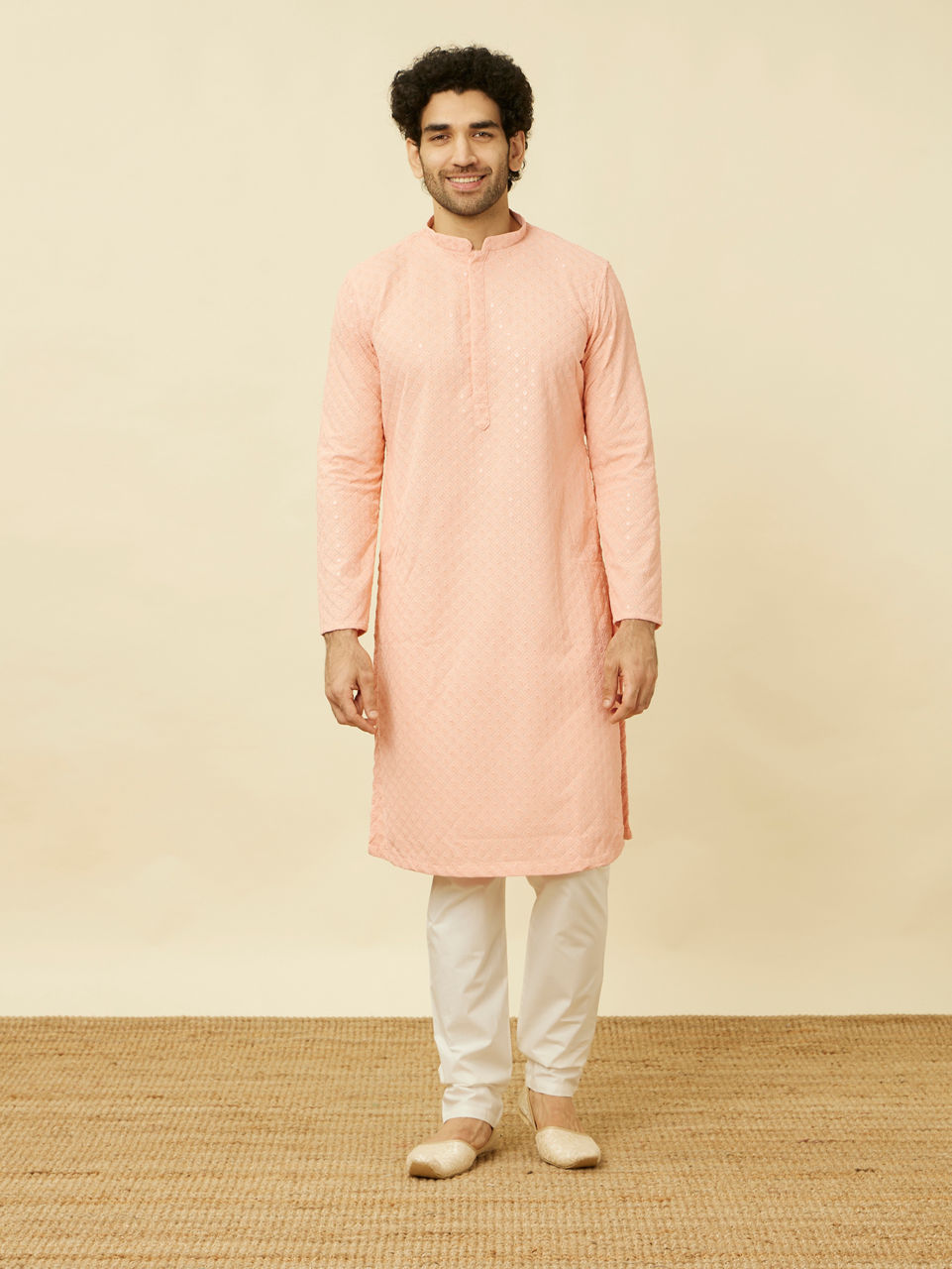 Manyavar Men Peach Diamond Patterned Chikankari Embroidered Kurta Set