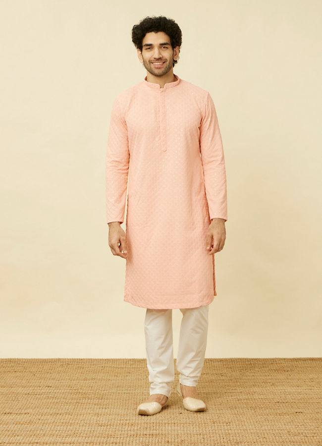 Manyavar Men Peach Diamond Patterned Chikankari Embroidered Kurta Set