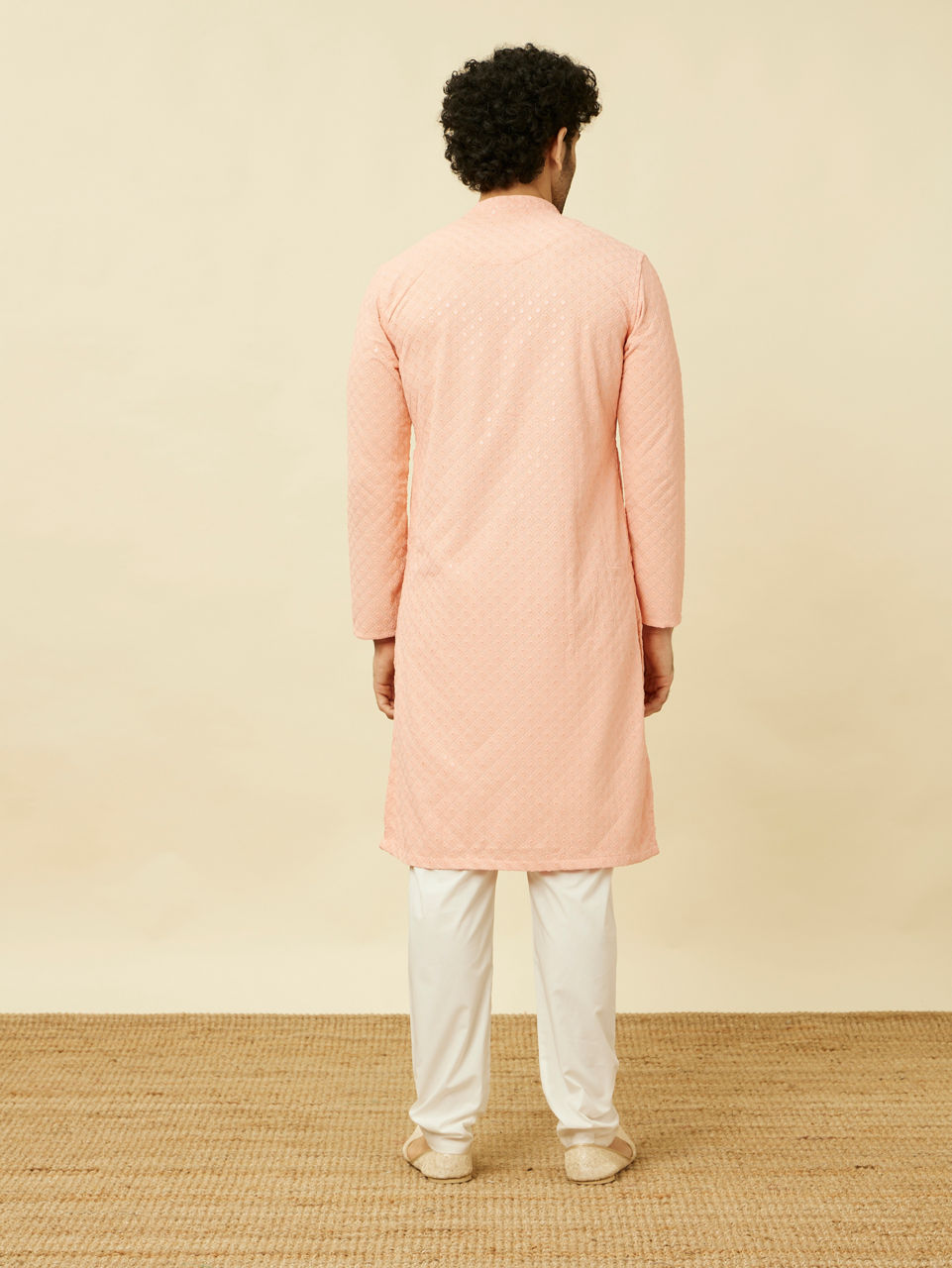 Manyavar Men Peach Diamond Patterned Chikankari Embroidered Kurta Set