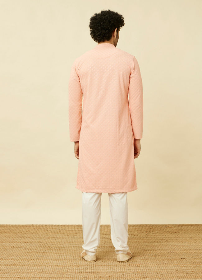 Manyavar Men Peach Diamond Patterned Chikankari Embroidered Kurta Set