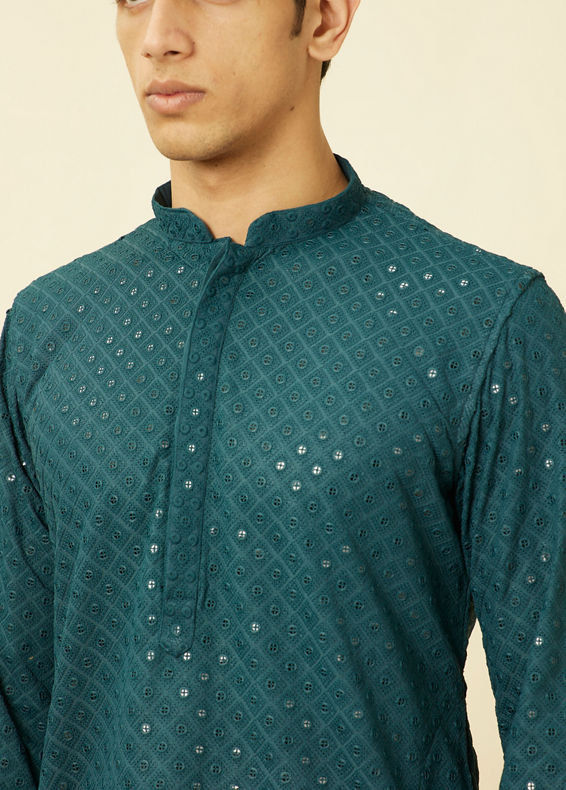 Manyavar Men Turquoise Blue Diamond Patterned Chikankari Embroidered Kurta Set