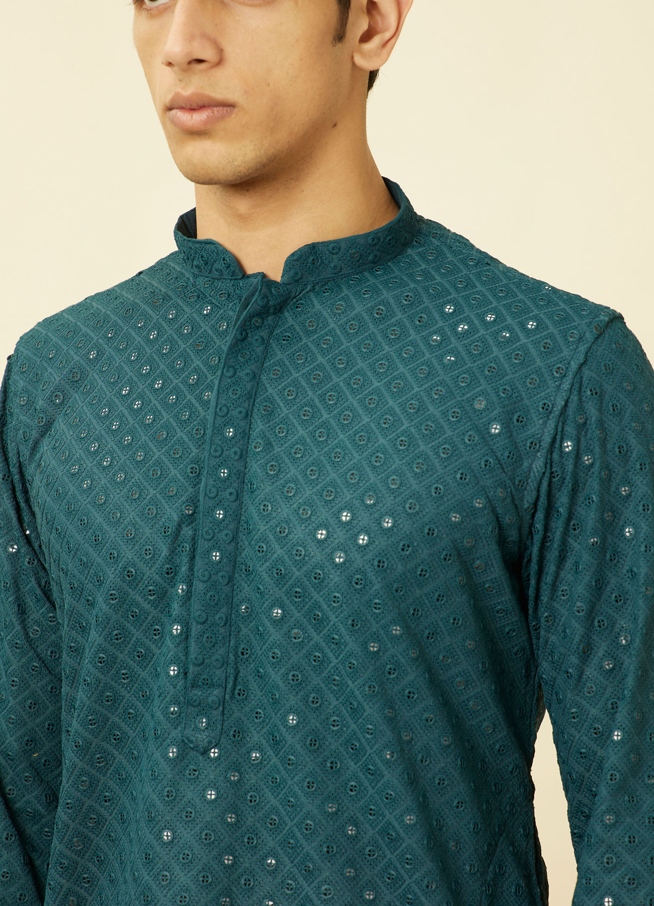 Manyavar Men Turquoise Blue Diamond Patterned Chikankari Embroidered Kurta Set