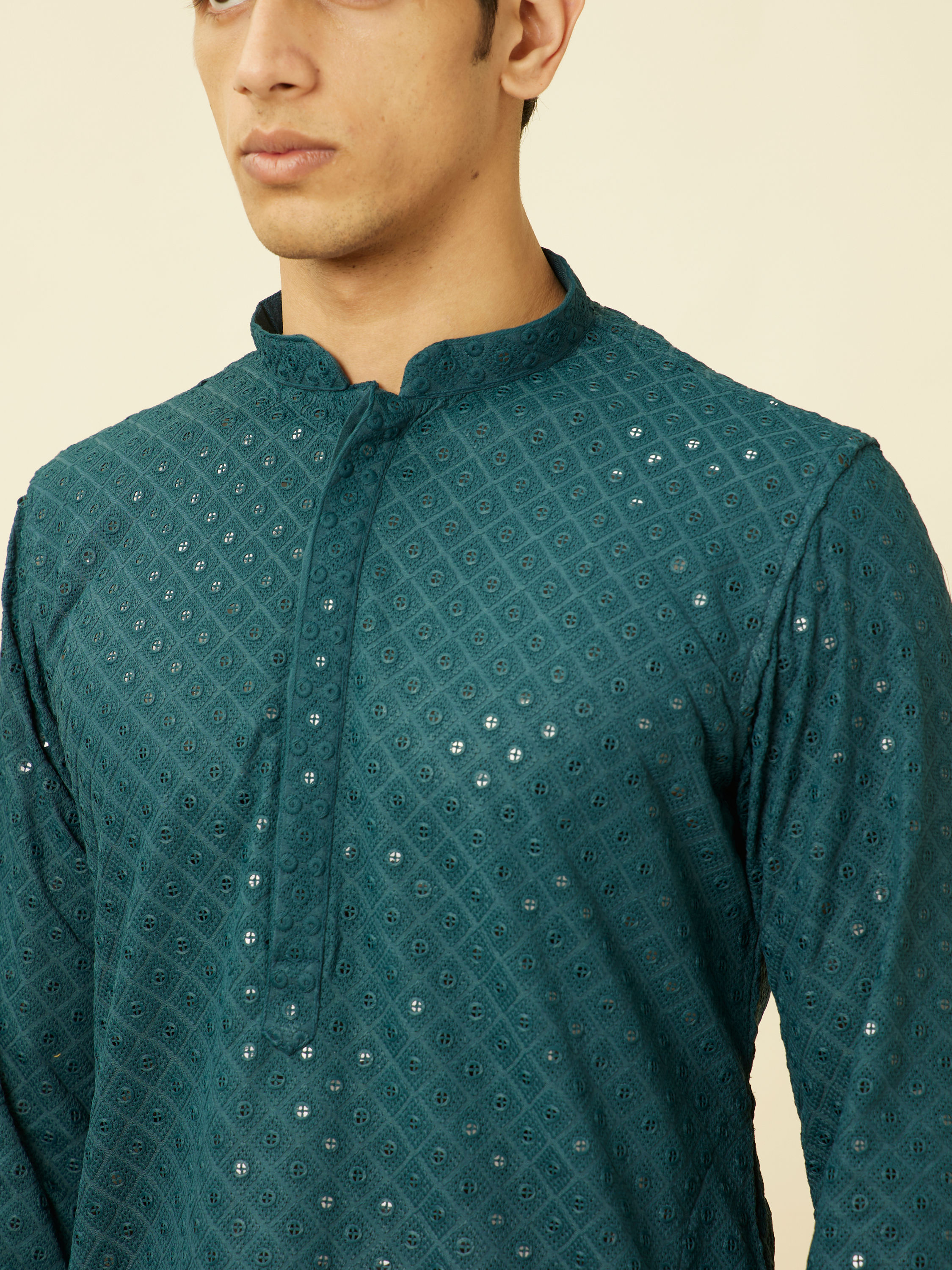 Manyavar Men Turquoise Blue Diamond Patterned Chikankari Embroidered Kurta Set