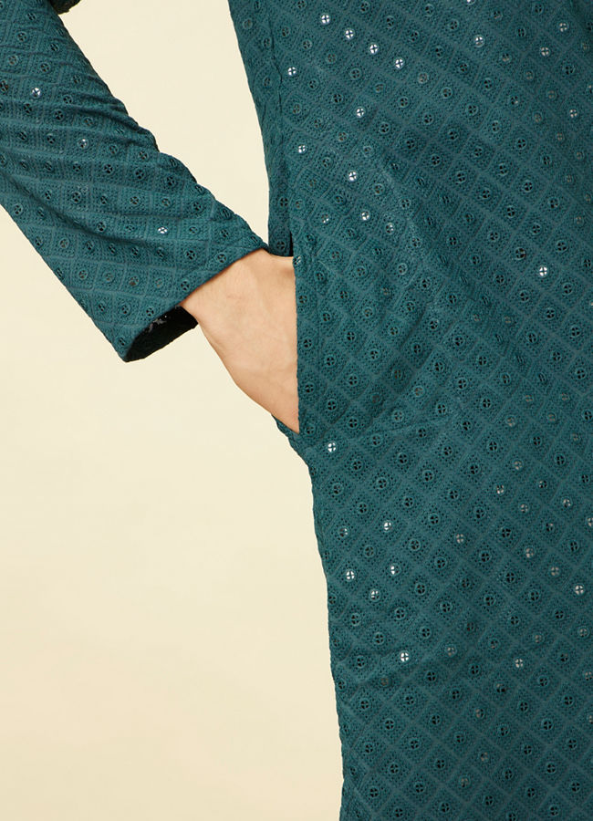 Manyavar Men Turquoise Blue Diamond Patterned Chikankari Embroidered Kurta Set