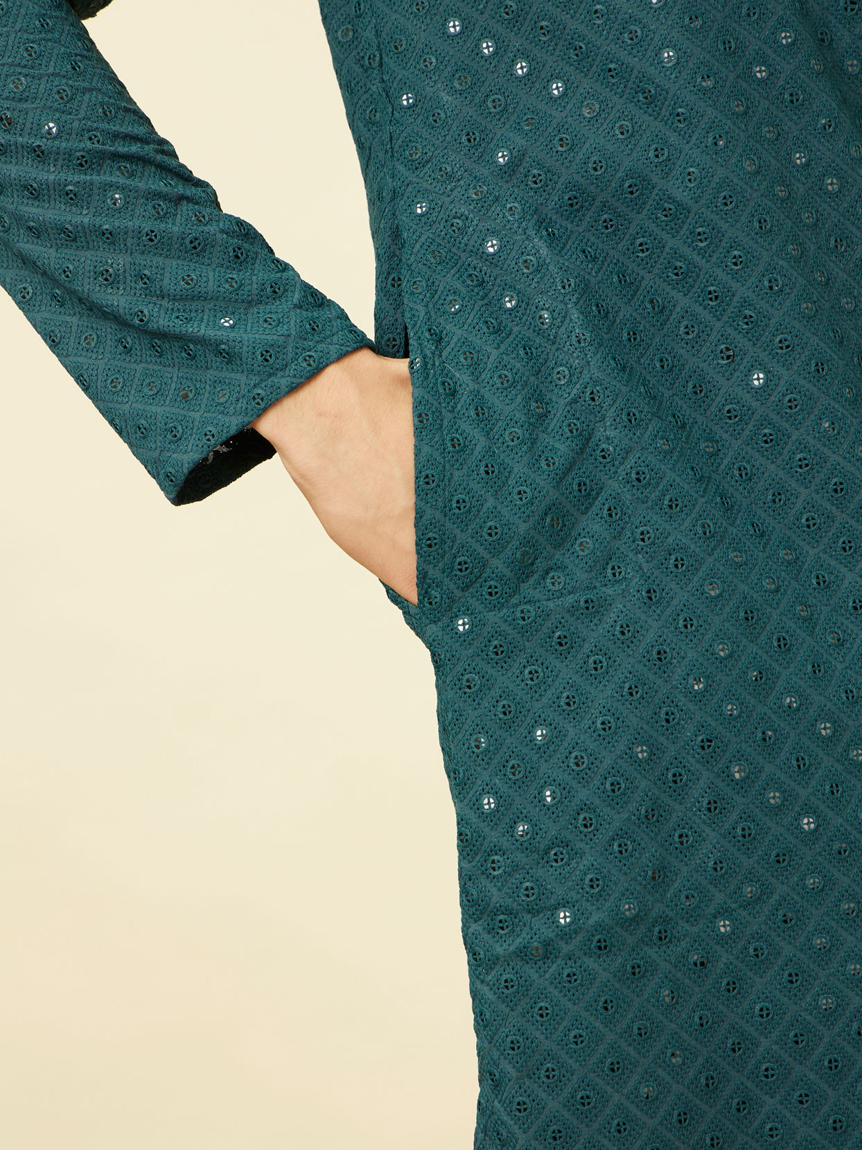 Manyavar Men Turquoise Blue Diamond Patterned Chikankari Embroidered Kurta Set