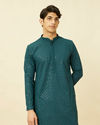 alt message - Manyavar Men Turquoise Blue Diamond Patterned Chikankari Embroidered Kurta Set image number 0