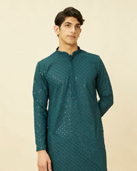 Manyavar Men Turquoise Blue Diamond Patterned Chikankari Embroidered Kurta Set