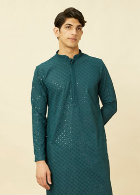 alt message - Manyavar Men Turquoise Blue Diamond Patterned Chikankari Embroidered Kurta Set image number 0