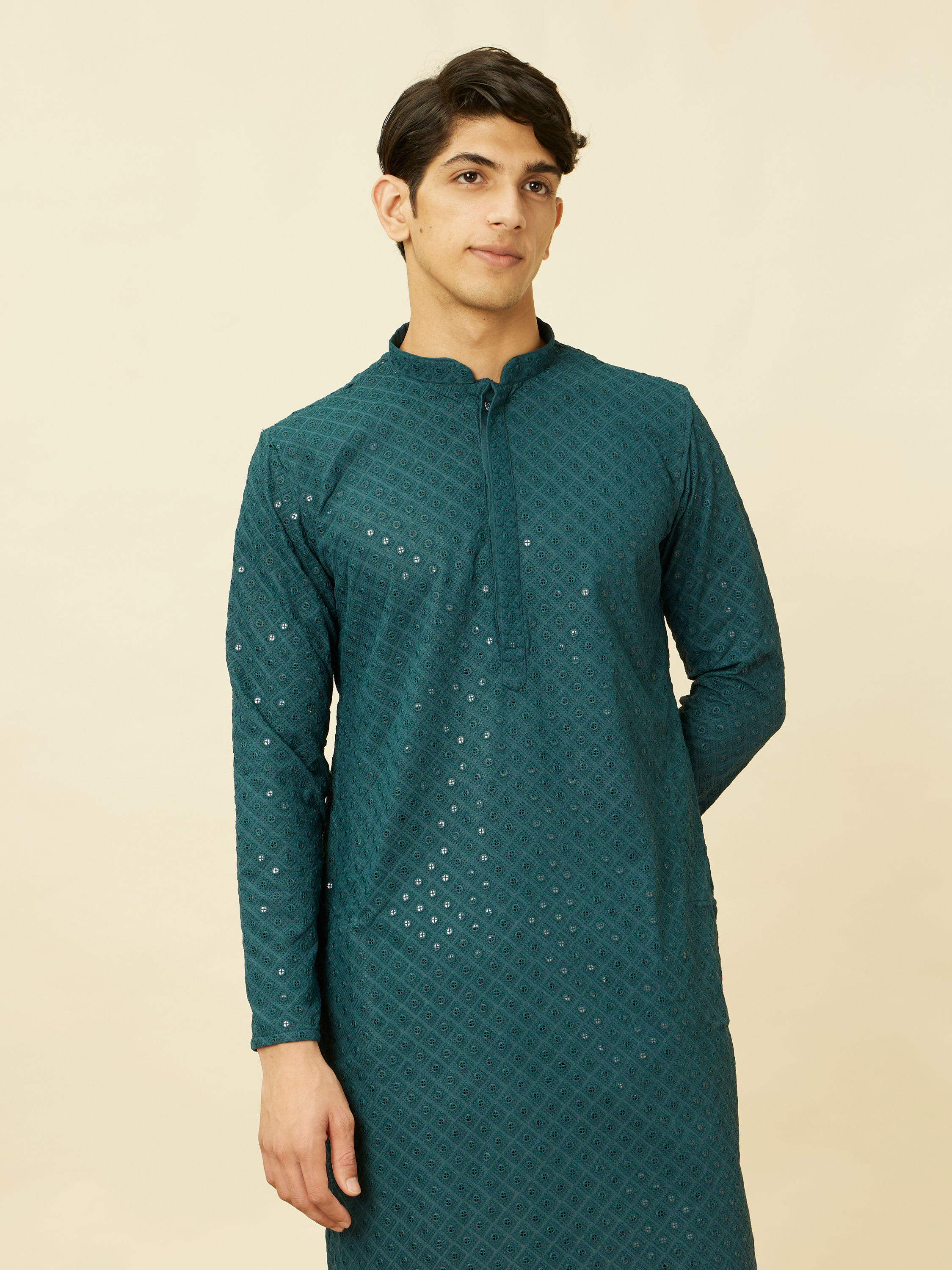 Manyavar Men Turquoise Blue Diamond Patterned Chikankari Embroidered Kurta Set