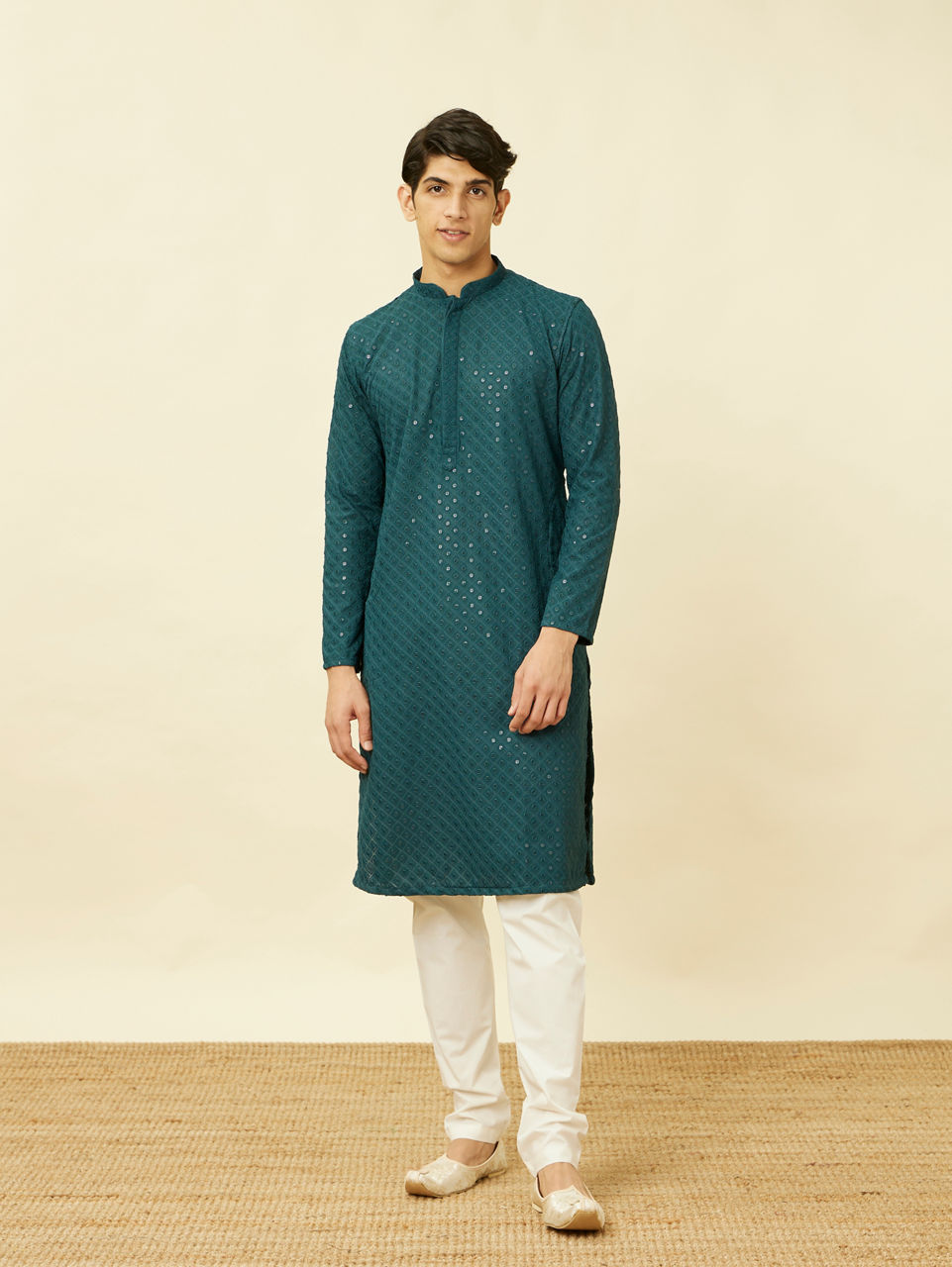 Manyavar Men Turquoise Blue Diamond Patterned Chikankari Embroidered Kurta Set
